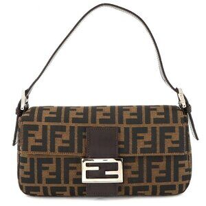Authentic FENDI Zucca Mamma Baguette Canvas Leather Shoulder Bag Brown Tan